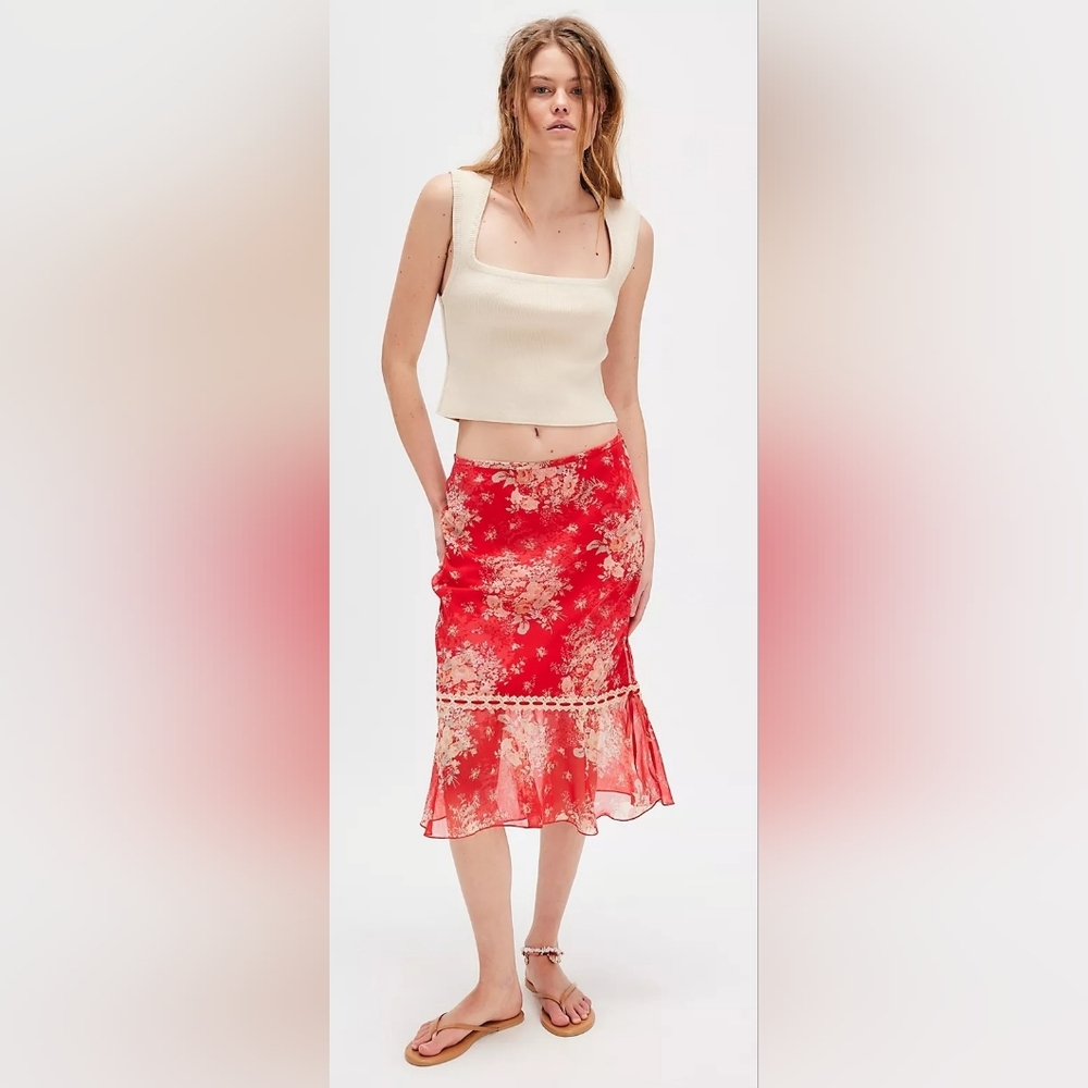 Free People Red Floral Lace Accent Midi Skirt